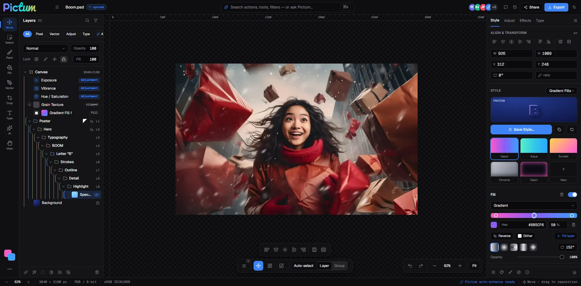 The Pictum editor running in a browser — layers, canvas and adjustment panels